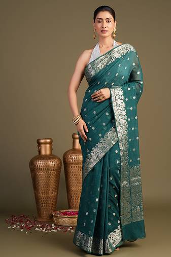 Teal blue handloom pure silk saree