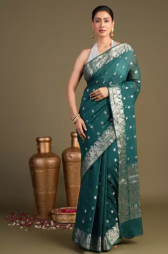 Teal blue handloom pure silk saree