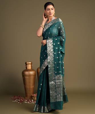 teal blue handloom pure silk saree with zari border 3