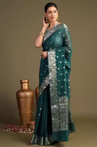 teal blue handloom pure silk saree with zari border