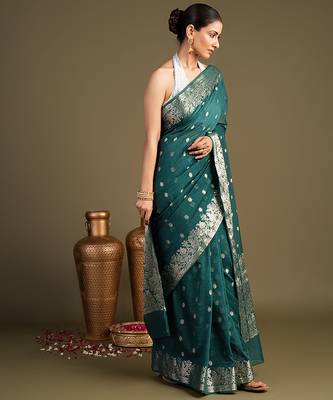 teal blue handloom pure silk saree with zari border 4