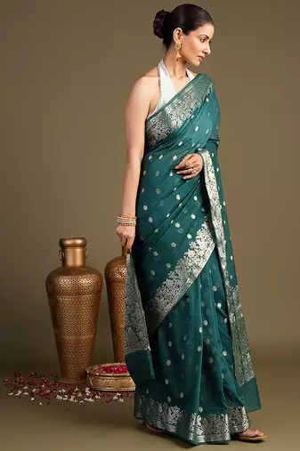 teal blue handloom pure silk saree with zari border