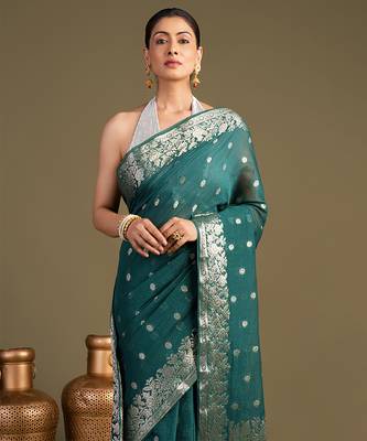 teal blue handloom pure silk saree with zari border 5