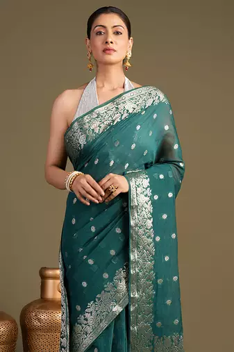 teal blue handloom pure silk saree with zari border