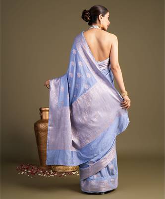 blue handloom banarasi silk saree with elegant zari border 2
