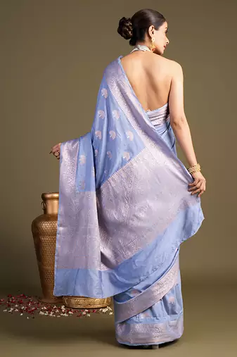 blue handloom banarasi silk saree with elegant zari border