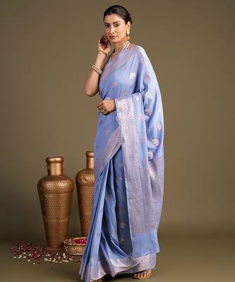 blue handloom banarasi silk saree with elegant zari border 1