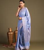 blue handloom banarasi silk saree with elegant zari border