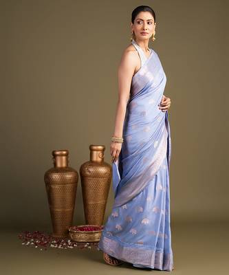 blue handloom banarasi silk saree with elegant zari border 3
