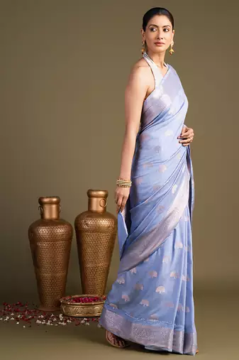 blue handloom banarasi silk saree with elegant zari border