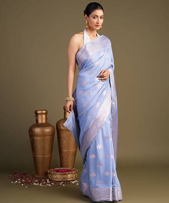 blue handloom banarasi silk saree with elegant zari border 4