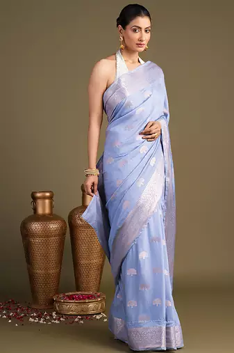 blue handloom banarasi silk saree with elegant zari border