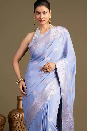 blue handloom banarasi silk saree with elegant zari border