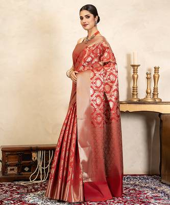 red handloom pure silk saree with elegant zari work 2