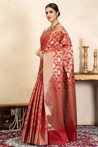 red handloom pure silk saree with elegant zari work