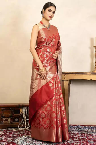 red handloom pure silk saree with elegant zari work
