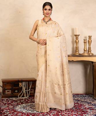 beige handloom pure silk saree with subtle zari motifs 1