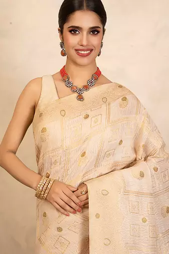 beige handloom pure silk saree with subtle zari motifs