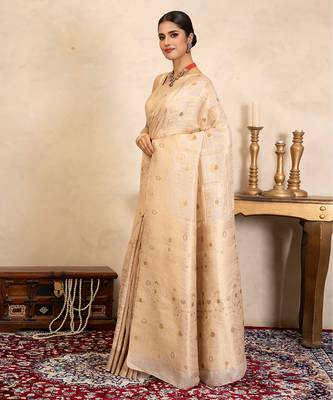 beige handloom pure silk saree with subtle zari motifs 3