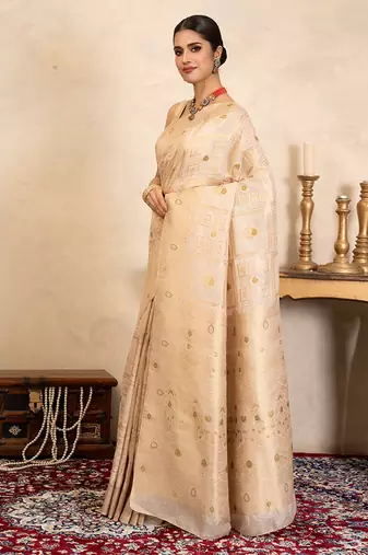 beige handloom pure silk saree with subtle zari motifs