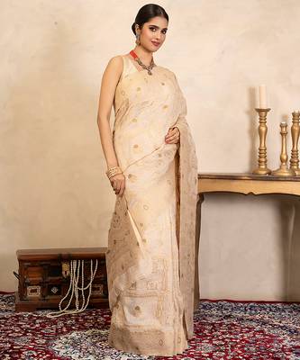beige handloom pure silk saree with subtle zari motifs 4
