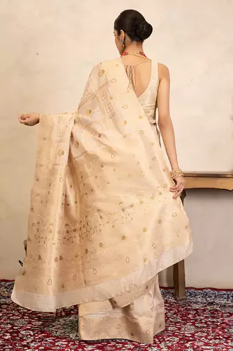 beige handloom pure silk saree with subtle zari motifs