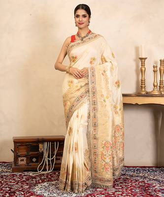 cream handloom banarasi silk saree with floral zari work 1
