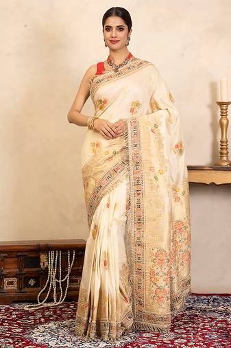 Cream handloom banarasi silk saree