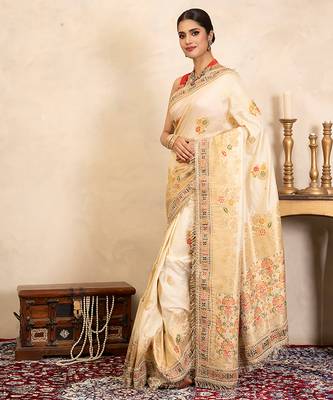 cream handloom banarasi silk saree with floral zari work 2