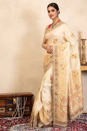 cream handloom banarasi silk saree with floral zari work