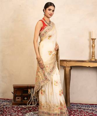 cream handloom banarasi silk saree with floral zari work 3