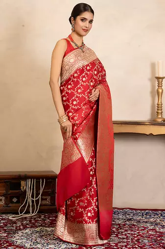 red handloom banarasi silk saree with rich zari work