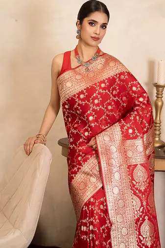 red handloom banarasi silk saree with rich zari work