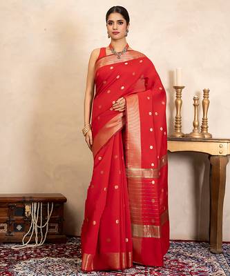 red handloom chiffon silk saree with gold polka zari 1