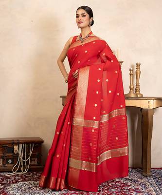 red handloom chiffon silk saree with gold polka zari 2