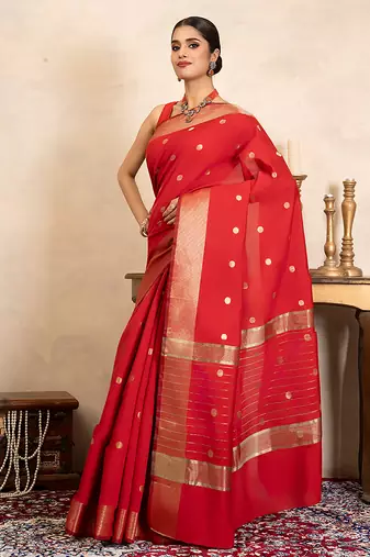 red handloom chiffon silk saree with gold polka zari
