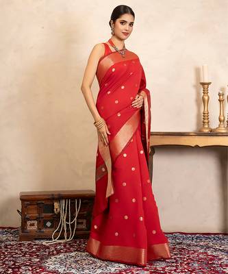 red handloom chiffon silk saree with gold polka zari 3
