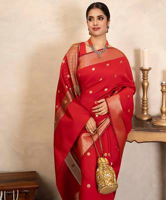 red handloom chiffon silk saree with gold polka zari 4
