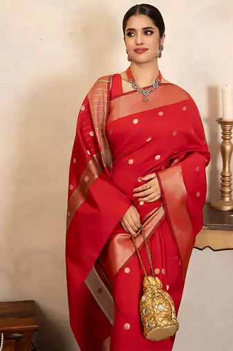 red handloom chiffon silk saree with gold polka zari