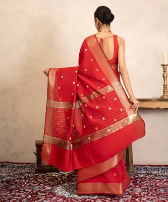 red handloom chiffon silk saree with gold polka zari 5