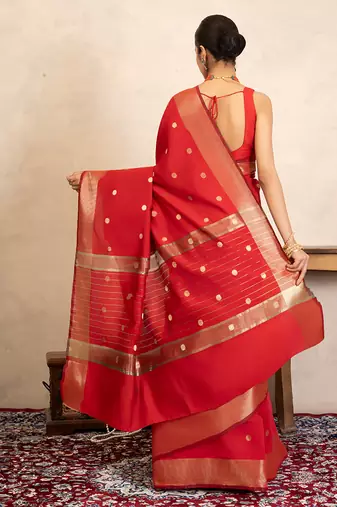 red handloom chiffon silk saree with gold polka zari