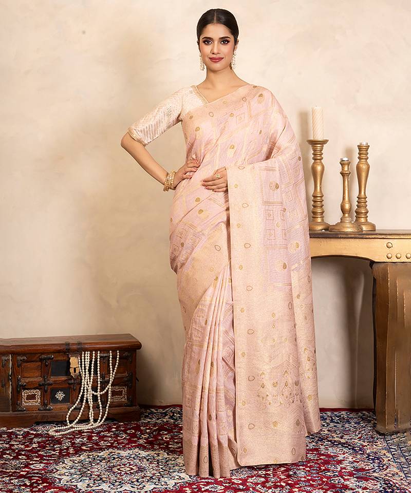 Baby pink handloom pure silk saree