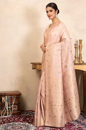 baby pink handloom pure silk saree with subtle zari work