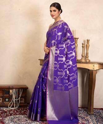 purple handloom pure silk saree with silver zari work 2