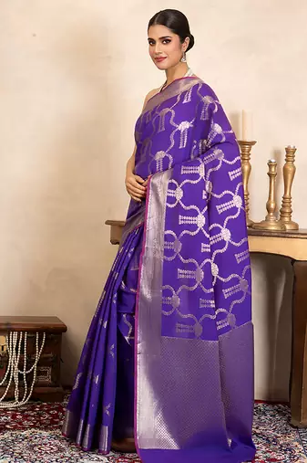 purple handloom pure silk saree with silver zari work