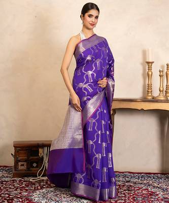 purple handloom pure silk saree with silver zari work 1