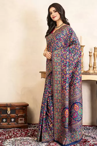 navy blue handloom pure silk saree with multicolor weaving