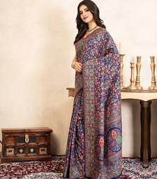 navy blue handloom pure silk saree with multicolor weaving