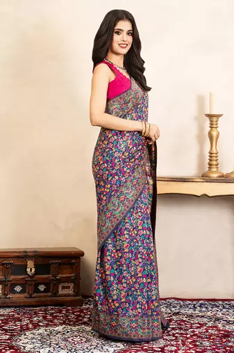 navy blue handloom pure silk saree with multicolor weaving