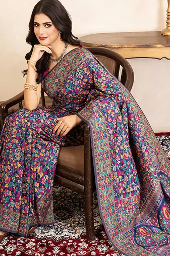 navy blue handloom pure silk saree with multicolor weaving